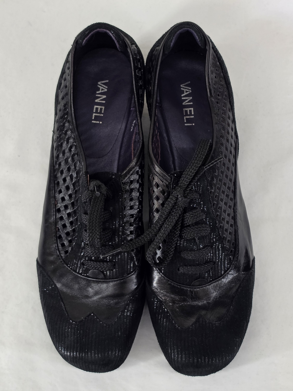 VANELi BLACK LEATHER PERFORATED WEDGE OXFORD SHOES COMFORT 8.5M